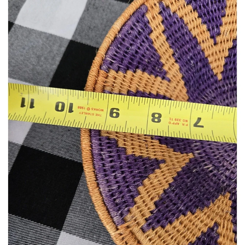 Handmade Woven Grass Basket Bowl Vibrant Design Wall Art Tabletop Purple Tan Art